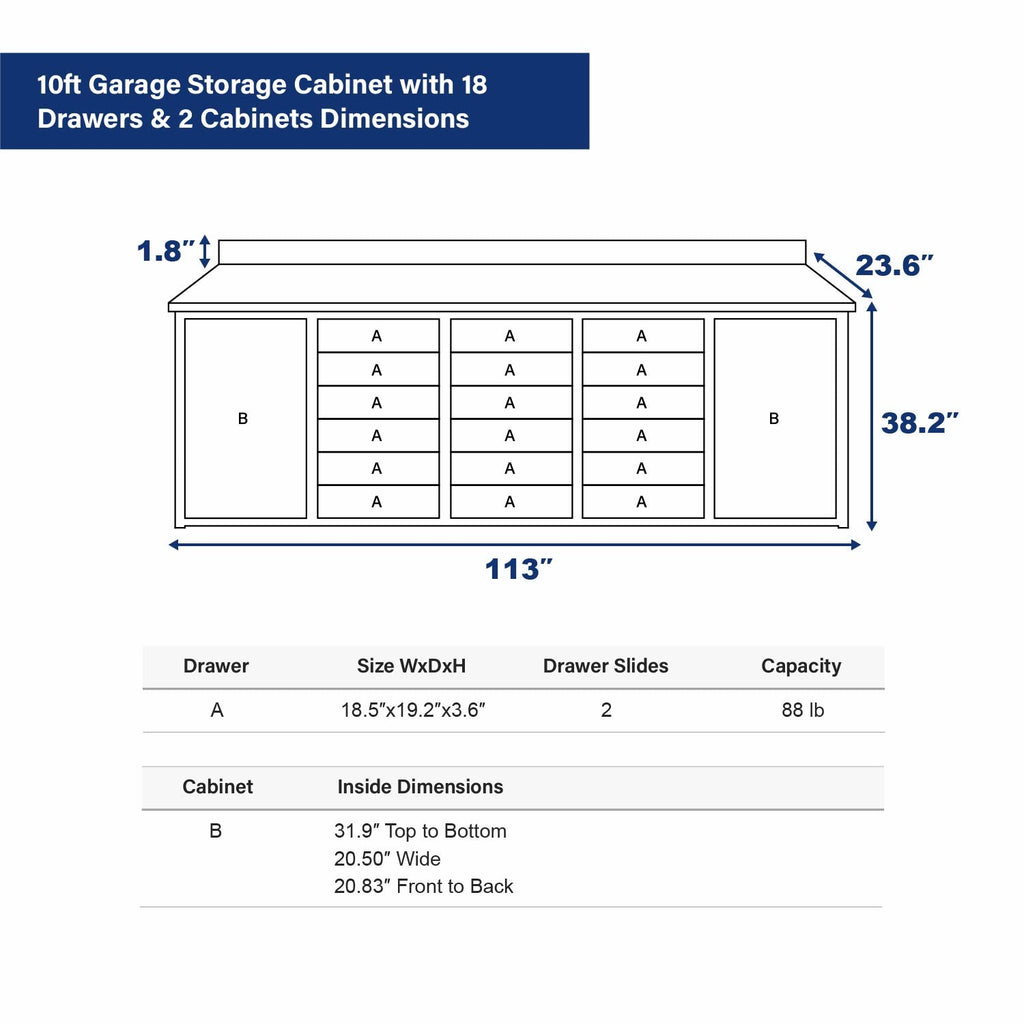 10ft Garage Storage Cabinet with 18 Drawers & 2 Cabinets