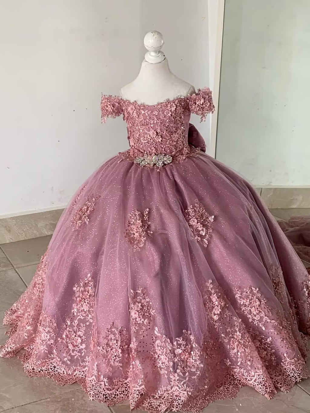 Girls Pageant Dress - Lace Crystal Off Shoulder Ball Gown | AURORE LUXURE