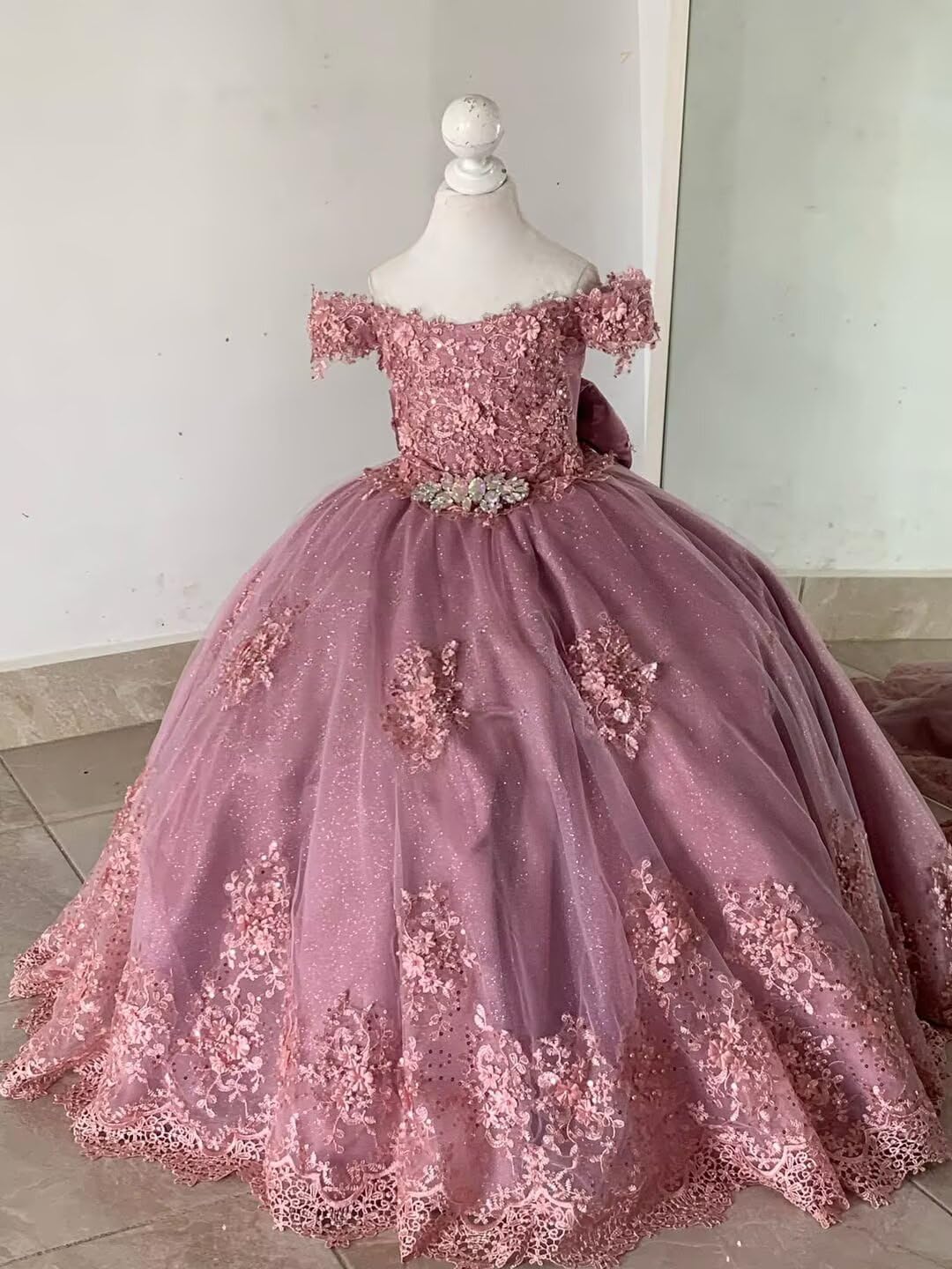 Girls Pageant Dress - Lace Crystal Off Shoulder Ball Gown | AURORE LUXURE