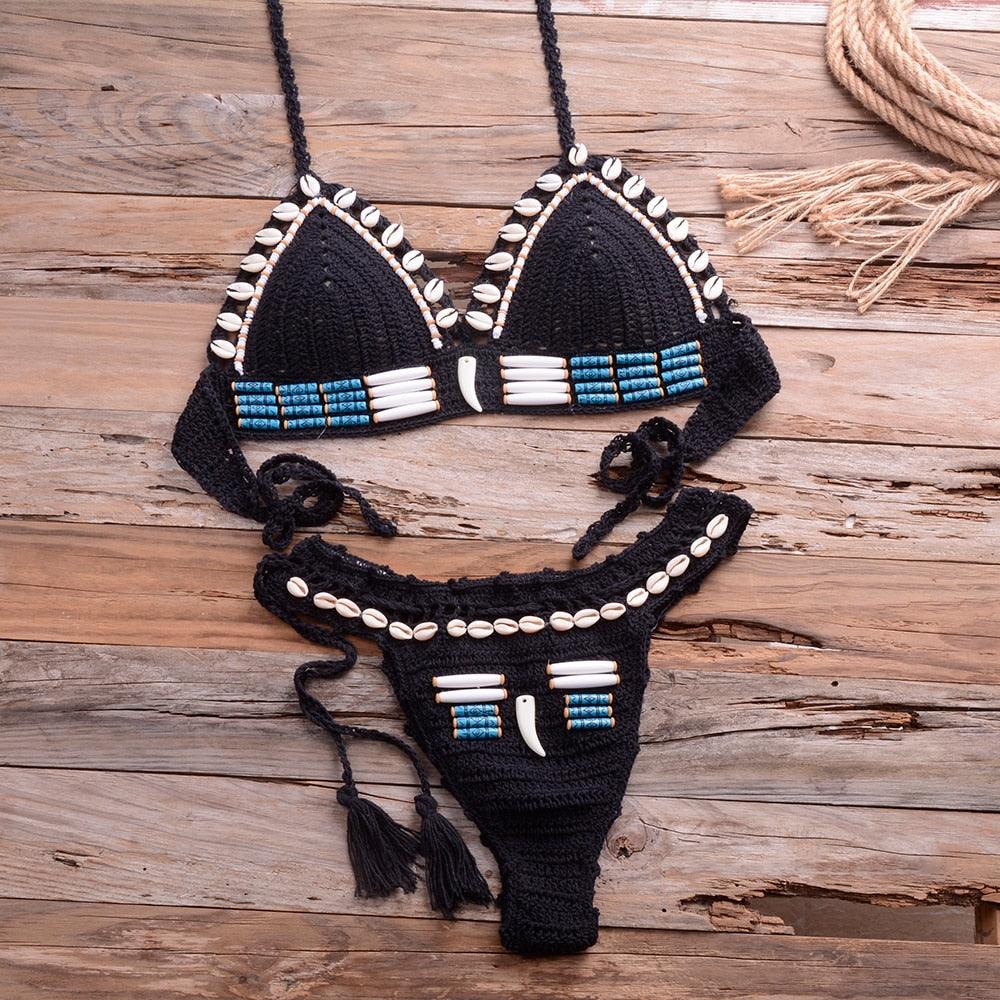 Vintage Blue Bikinis 2 Piece Halter Bikini Set Women High Waist Sequin Swimsuit  Set Handmade Crochet High Quality Swimsuit Women Push Up Swimwear Knitted Beach Wear Bathing Suit