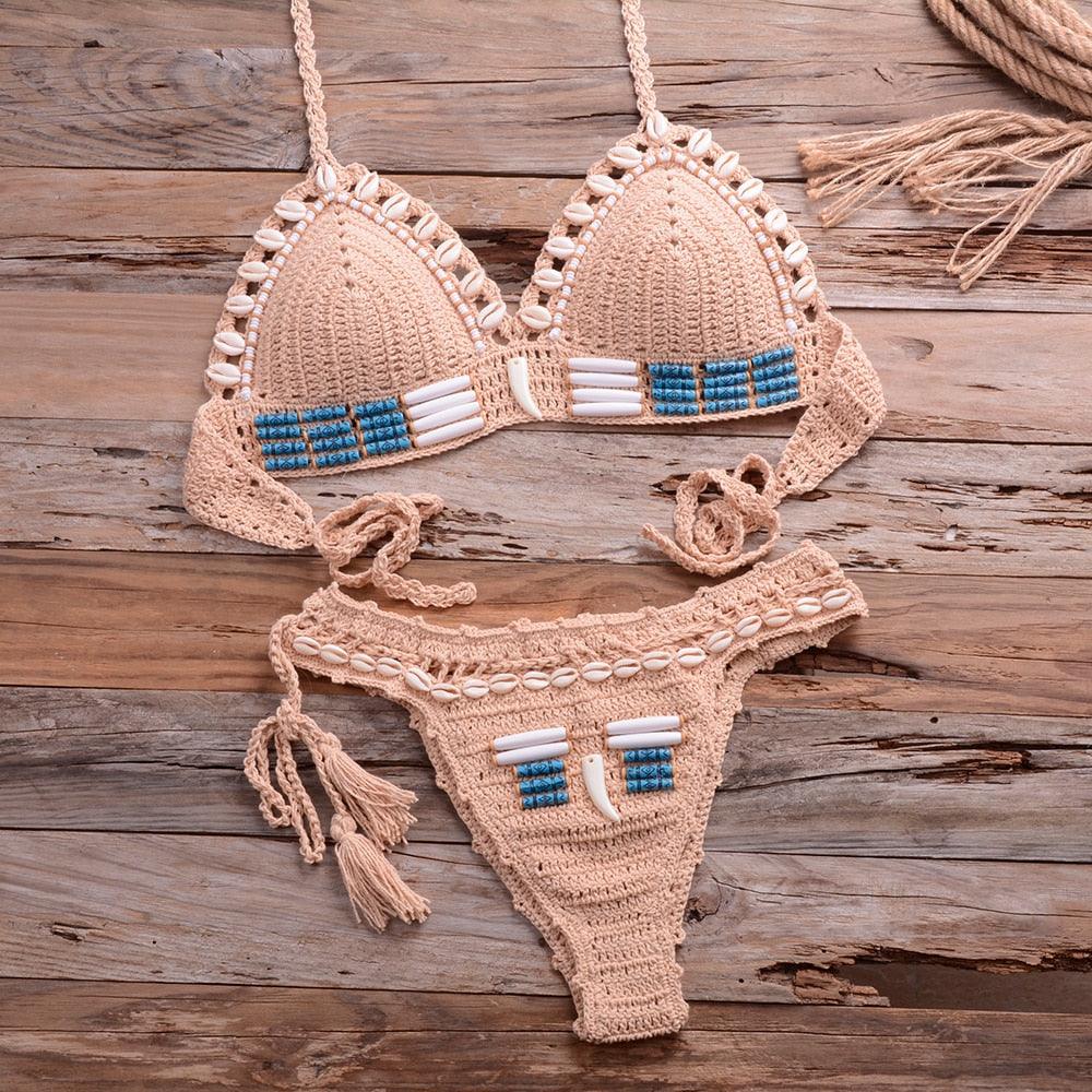 Vintage Blue Bikinis 2 Piece Halter Bikini Set Women High Waist Sequin Swimsuit  Set Handmade Crochet High Quality Swimsuit Women Push Up Swimwear Knitted Beach Wear Bathing Suit